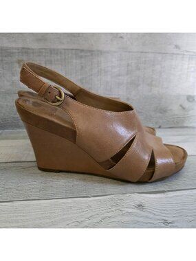 Aerosoles Womens Tan Leather Open-Toe Wedge Sandals Adjustable Strap Size 9.5 US